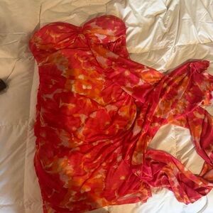 Hello Molly orange red floral strapless sweetheart neck mini dress